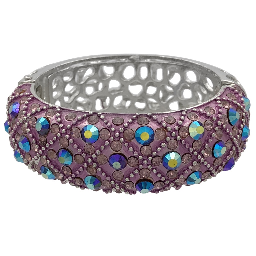 Purple Lavender Iridescent Rhinestone Chunky Statement Hinged Bangle Bracelet